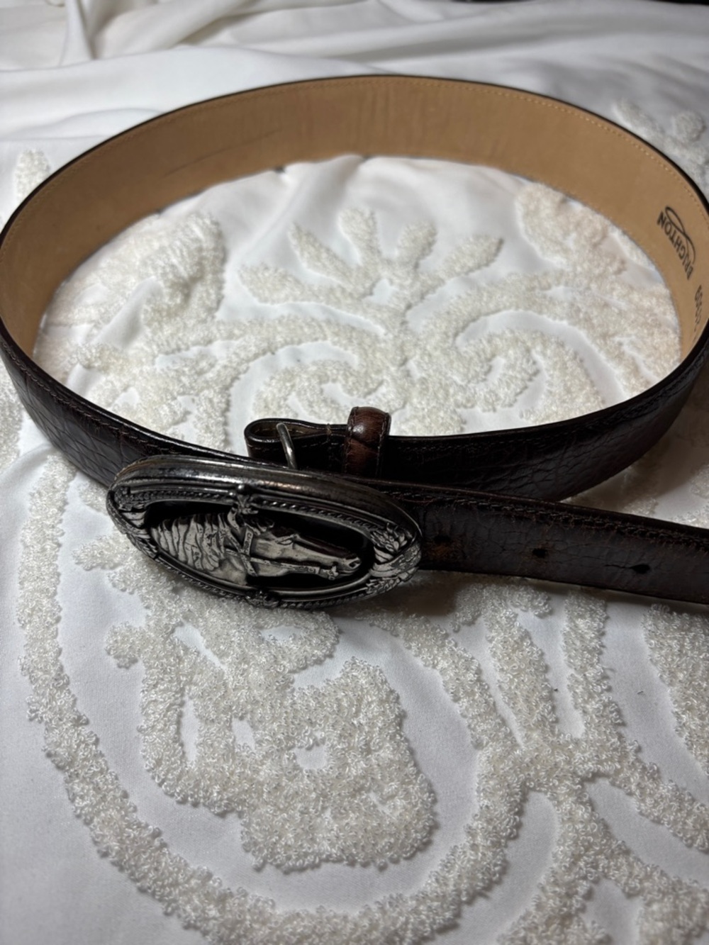 Brighton Dark Brown Leather Belt with Detailed Silver-Tone Oval Buckle